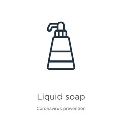 Liquid soap icon. Thin linear liquid soap outline icon isolated on white background from Coronavirus Prevention collection. Modern line vector sign, symbol, stroke for web and mobile