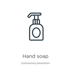 Hand soap icon. Thin linear hand soap outline icon isolated on white background from Coronavirus Prevention collection. Modern line vector sign, symbol, stroke for web and mobile