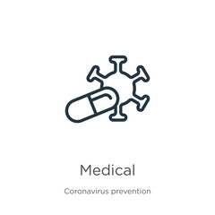 Medical icon. Thin linear medical outline icon isolated on white background from Coronavirus Prevention collection. Modern line vector sign, symbol, stroke for web and mobile