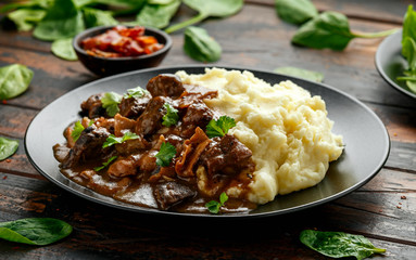 Fried Liver, bacon in onion gravy with mashed potato