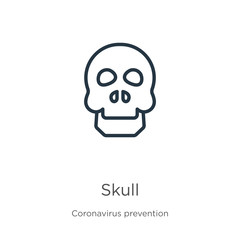 Skull icon. Thin linear skull outline icon isolated on white background from Coronavirus Prevention collection. Modern line vector sign, symbol, stroke for web and mobile