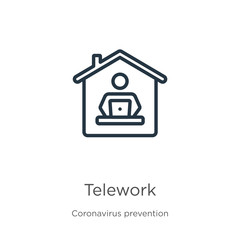 Telework icon. Thin linear telework outline icon isolated on white background from Coronavirus Prevention collection. Modern line vector sign, symbol, stroke for web and mobile