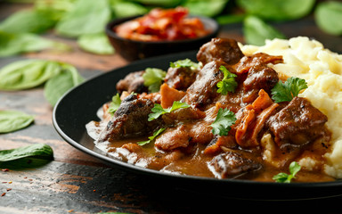 Fried Liver, bacon in onion gravy with mashed potato