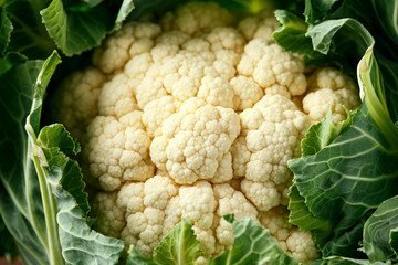 Raw Cauliflower head harvest with green leaves on dark wooden background