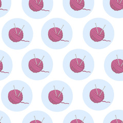 Pink of balls of thread knitting needles in blue circle on white background seamless pattern. Knitting