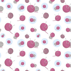 Pink and grey balls of thread knitting needles in blue circle and big knitting balls on white background seamless pattern. Knitting, wallpaper, wrap