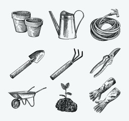 Hand-drawn sketch set of Gardening tools and equipment. Pruning Shears, Watering can, hose; Digging Shovel; Digging Fork; Wheelbarrows; plant with leaves growing in the ground