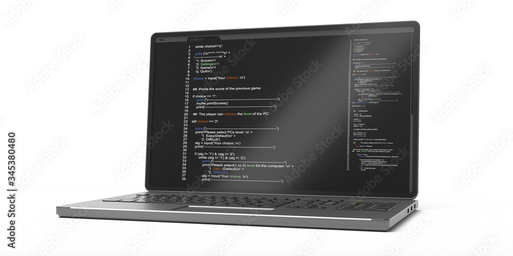 Poster programming code on a laptop screen isolated on white background. 3d illustration