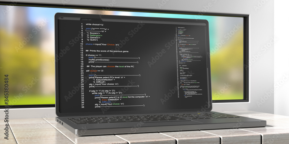 Poster programming code on a laptop screen, office background. 3d illustration