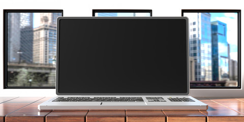Fototapeta premium Laptop with blank screen on business background, copy space. 3d illustration