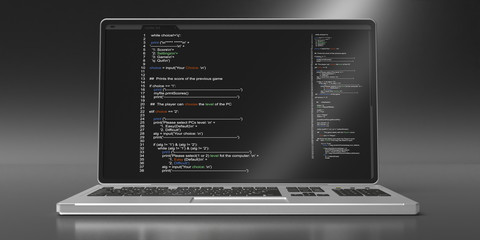 Programming code on a laptop screen, black background. 3d illustration
