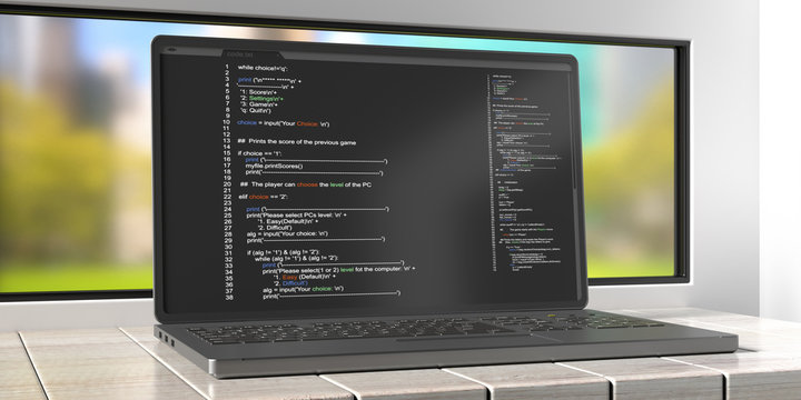 Programming code on a laptop screen, office background. 3d illustration