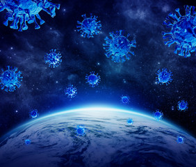 Coronavirus, Covid-19 sweeps World, Corona virus epidemic spread around Planet earth. World infected by dangerous disease. Global pandemic and a flu virus infecting all of people in 3d, Illustration.