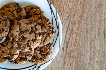 Fresh homemade chocolate сookies with chocolate chip. Food homemade baking. Copy space