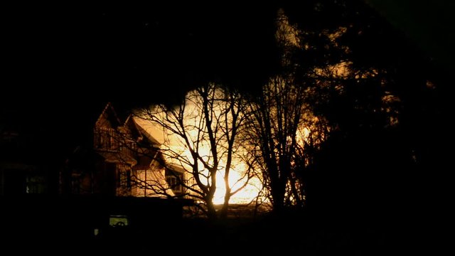 Big Fire of Two Houses Burning During the Night. Huge Flames.