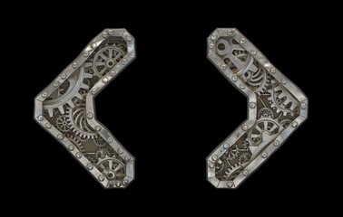 Mechanical alphabet made from rivet metal with gears on black background. Set of symbol left and right angle bracket. 3D