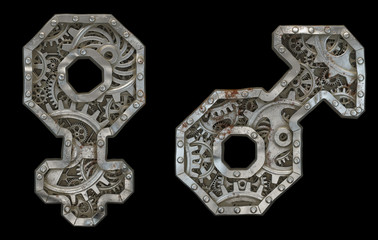 Set of mechanical alphabet made from rivet metal with gears on black background. Symbol female and male. 3D