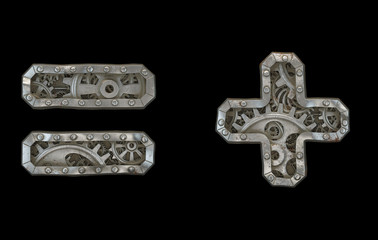 Set of mechanical alphabet made from rivet metal with gears on black background. Symbol equals and plus. 3D
