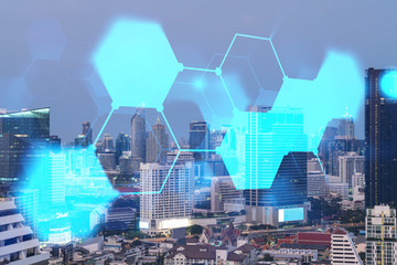 Cityscape of Bangkok city and technology drawing hud multiexposure. Sunset.