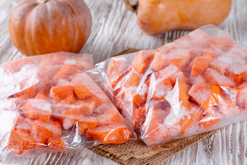 Sliced frozen pumpkin in a plastic bag
