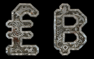 Set of mechanical alphabet made from rivet metal with gears on black background. Symbol lira and baht. 3D