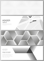 The minimalistic vector illustration of the editable layout of headers, banner design templates. Abstract geometric triangle design background using different triangular style patterns.