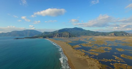 aerial drone footage of dalyan iztuzu beach fethiye turkey touristic aegean town