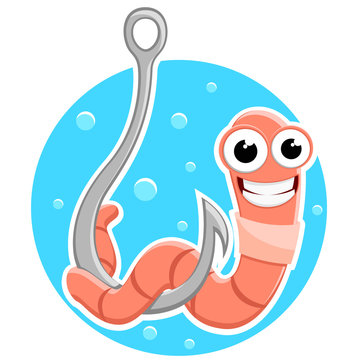 Worm on a metal hook smiles. Character. Fishing