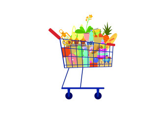 Supermarket shopping cart filled with purchases .  Flat vector design isolated on blue background.
