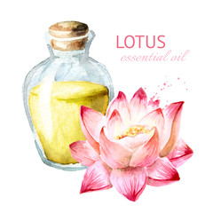 Pink Lotus flower and essential oil. Spa and aromatherapy concept. Hand drawn botanical watercolor illustration isolated on white background
