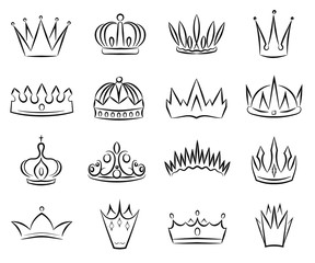 Crown Sign Contour Linear Icon Set. Vector