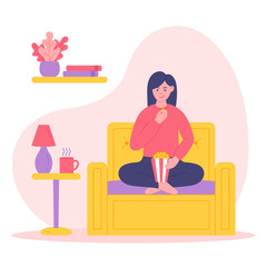 Stay home concept illustration. Women watching TV or watching movies. Self isolation, quarantine due to coronavirus. Vector illustration.