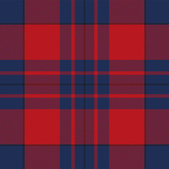 Plaid seamless pattern with red, blue and black stripes. Vector background