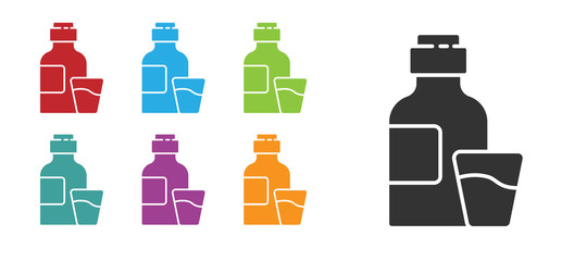 Black Bottle of medicine syrup and dose measuring cup solid icon isolated on white background. Set icons colorful. Vector Illustration