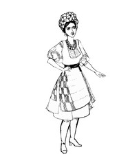 Bleck and white cartoon girl in traditional costume clothes, ukrainian woman isolated, isolated on white background