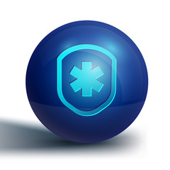 Blue Medical shield with cross icon isolated on white background. Protection, safety, password security. Blue circle button. Vector Illustration