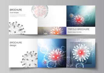 Fototapeta na wymiar Vector layout of square covers templates for trifold brochure, flyer, cover design, book design, brochure cover. 3d medical background of corona virus. Covid 19, coronavirus infection. Virus concept.
