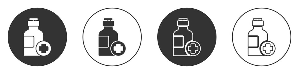 Black Bottle of medicine syrup icon isolated on white background. Circle button. Vector Illustration