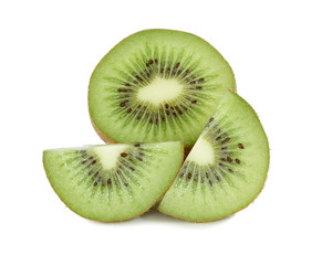 Kiwi fruit sliced segments with shadow on white background . 