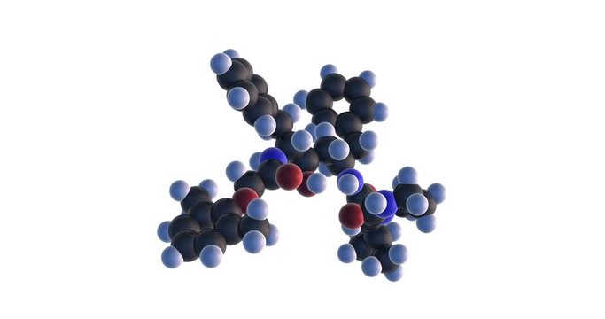 3D rendering of lopinavir molecule, anti HIV (AIDS) drug and proposed MERS and COVID19 (coronavirus SARS-CoV2) treatment. Isolated and rotating  on transparent background (alpha channel).