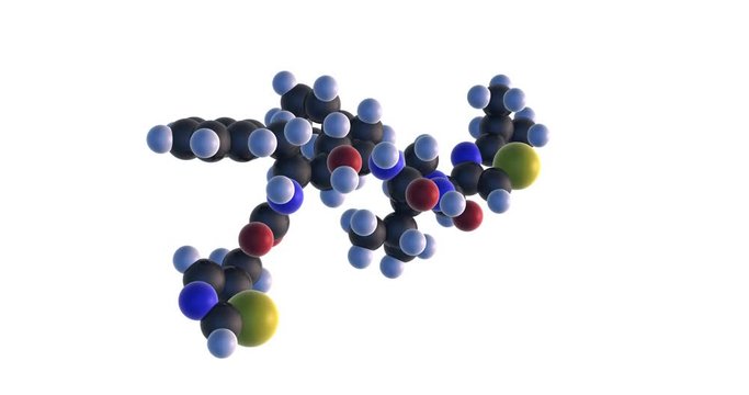 3D rendering of ritonavir (Norvir) molecule, drug used against HIV infections (AIDS) and novel MERS and COVID19 (coronavirus SARS-CoV2) treatment. Isolated on transparent background (alpha channel).