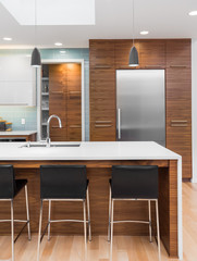 Modern kitchen detail in new luxury home. Features waterfall island, beautiful hardwood cabinets, stainless stee refrigerator, and acrylic cabinets, with view of walk-in pantry