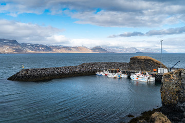 Fototapeta premium Amazing landscape of Arnarstapi a small village in Snaefellsnes Peninsula in Iceland. Port and fishing town in Iceland