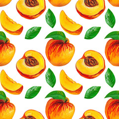 Peaches with half and leaves on a white background. Fruit seamless pattern design for wallpaper, textile, fabric, packaging.