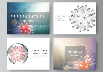 Vector layout of the presentation slides design business templates, multipurpose template for presentation report. 3d medical background of corona virus. Covid 19, coronavirus infection. Virus concept