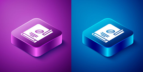 Isometric Coffee book icon isolated on blue and purple background. Square button. Vector Illustration