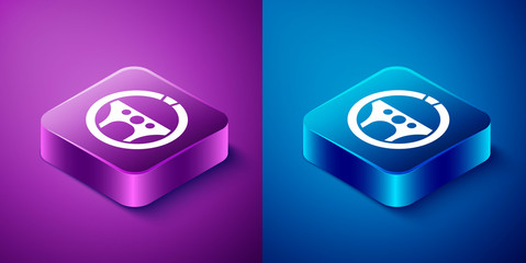 Isometric Steering wheel icon isolated on blue and purple background. Car wheel icon. Square button. Vector Illustration