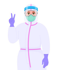 Female doctor in safety protective suit, mask and face shield showing victory or peace gesture sign. Physician gesturing success/winner hand symbol. Corona virus outbreak. Cartoon vector illustration.