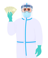 Man in safety protection suit, medical mask, glasses and face shield showing cash, money. Doctor or physician holding currency notes. Surgeon or scientist wearing personal protective equipment (PPE).