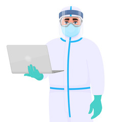 Doctor in safety protection suit, medical mask, glasses and face shield holding laptop computer. Physician or surgeon wearing personal protective equipment (PPE). Corona virus epidemic outbreak.